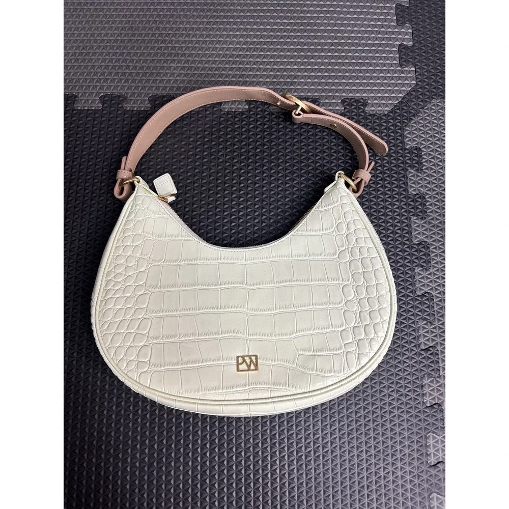 PW Light Cream Croc Embossed Faux Leather Shoulder Bag Crescent Hobo Handbag